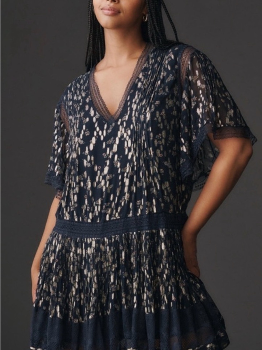 Maeve Navy and Metallic Gold V-Neck Mini Dress